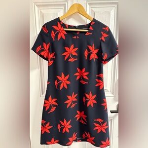 Banana Republic Red Floral Dress Petite 6P Navy Shift Dress Short Sleeve